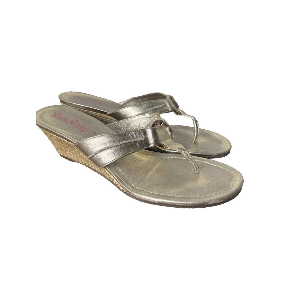 Lilly Pulitzer McKim Gold Metallic Leather Wedge Sandals Women’s 8M Resort